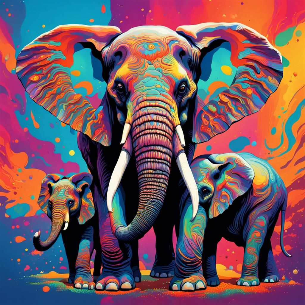 Psychedelic Elephants in Hyperrealistic Splash Art