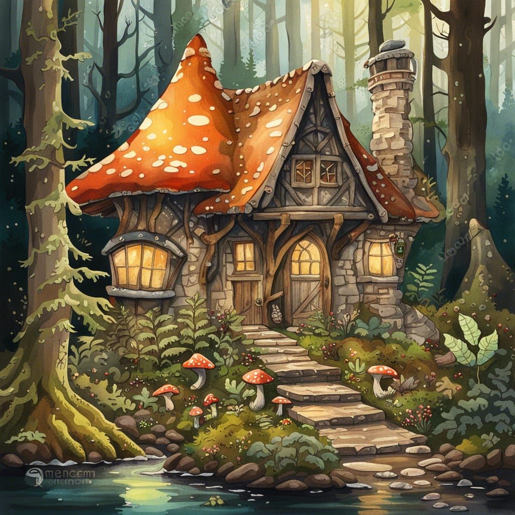 Tudor Cottage in Dark Fantasy Rainforest, Gouache Style