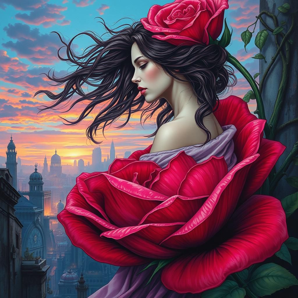 Woman Emerges from Rose in Graffiti Cyberpunk Cityscape