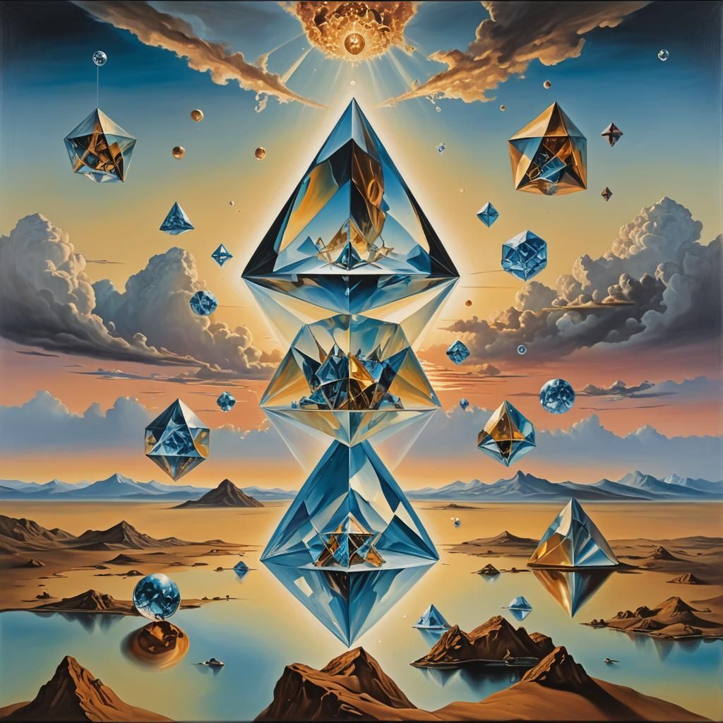 Surreal Crystal Pyramids in Sunset, Dali Style