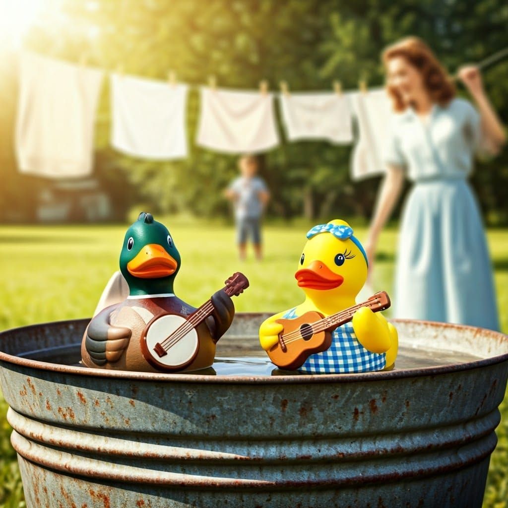 Vintage-Style Backyard Scene with Rubber Duck Friends