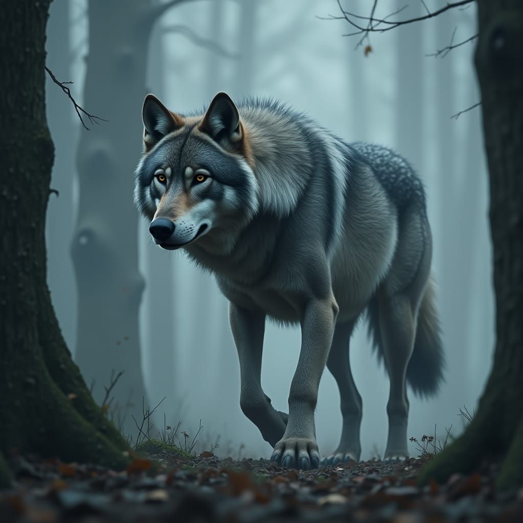 Gray Wolf in a Misty Forest Landscape
