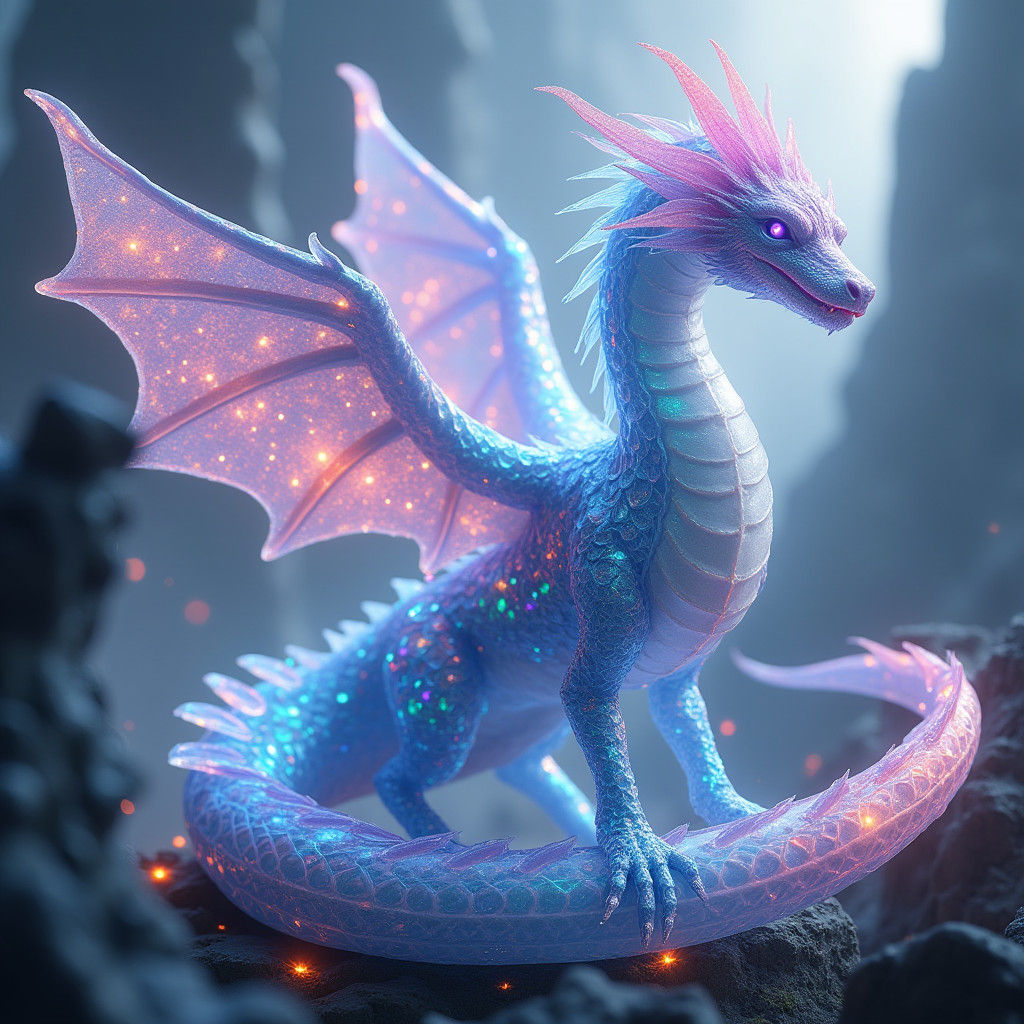 Rainbow Crystal Dragon-Fox Hybrid in Dreamscape