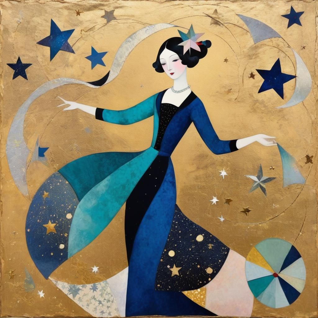 Cosmic Juggler Mixed-Media Collage with Sparkling Stars