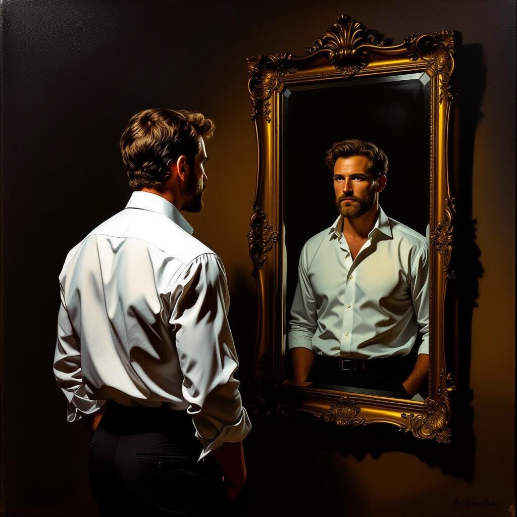 Nostalgic Man Gazing in Mirror: Rembrandt Style