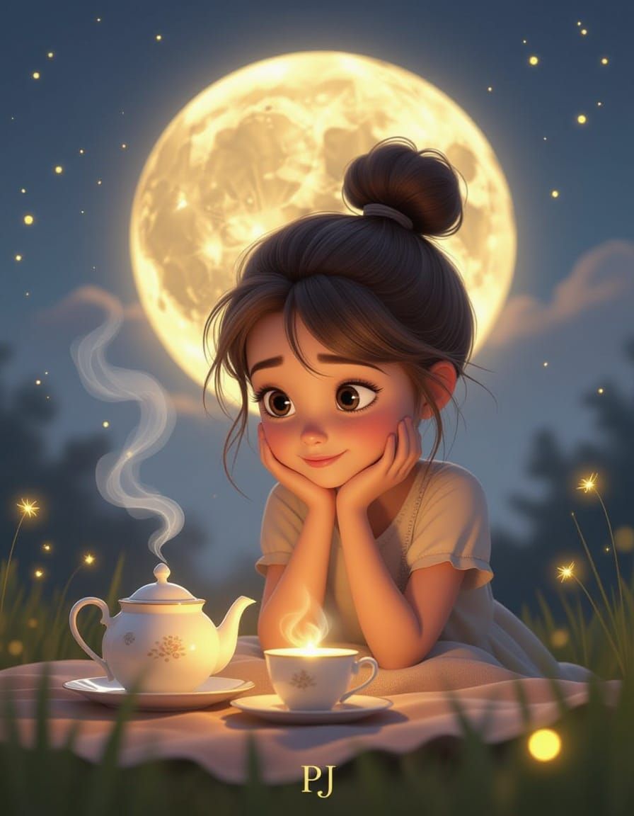3D Girl with Glowing Tea Set Under Full Moon