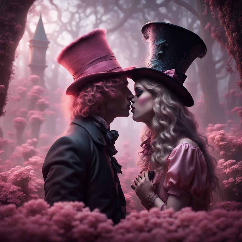 Alice and Mad Hatter Kiss in Wonderland