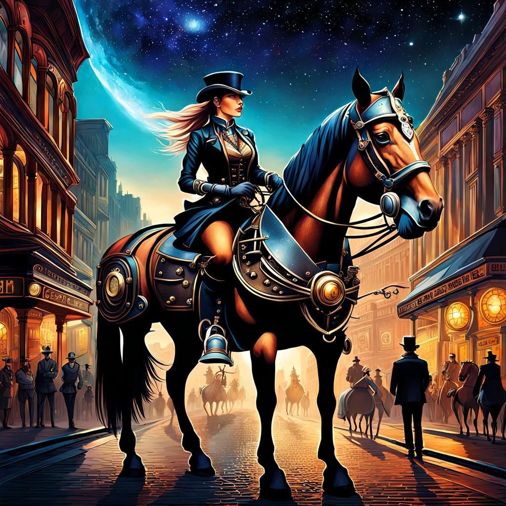 Steampunk Horse and Rider in Cityscape