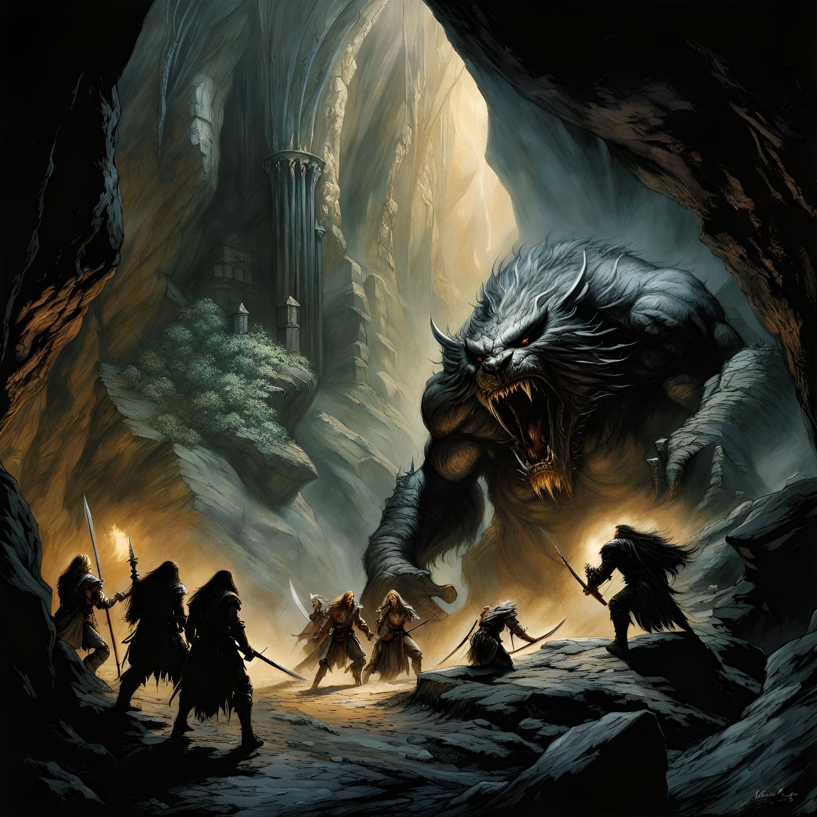 Adventurers Fight Cave Troll in Dark Fantasy Style