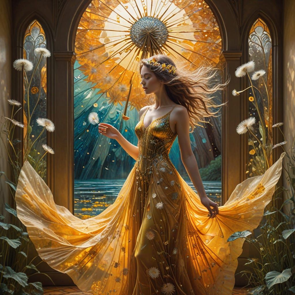 Woman in Dazzling Dandelion Stained Glass Gown