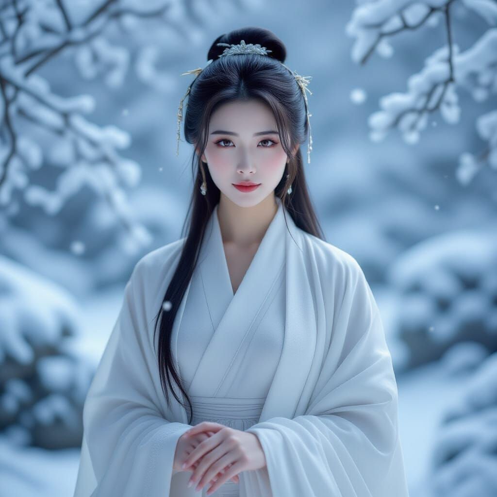 Serene Chinese Woman in Frosty Winter Garden