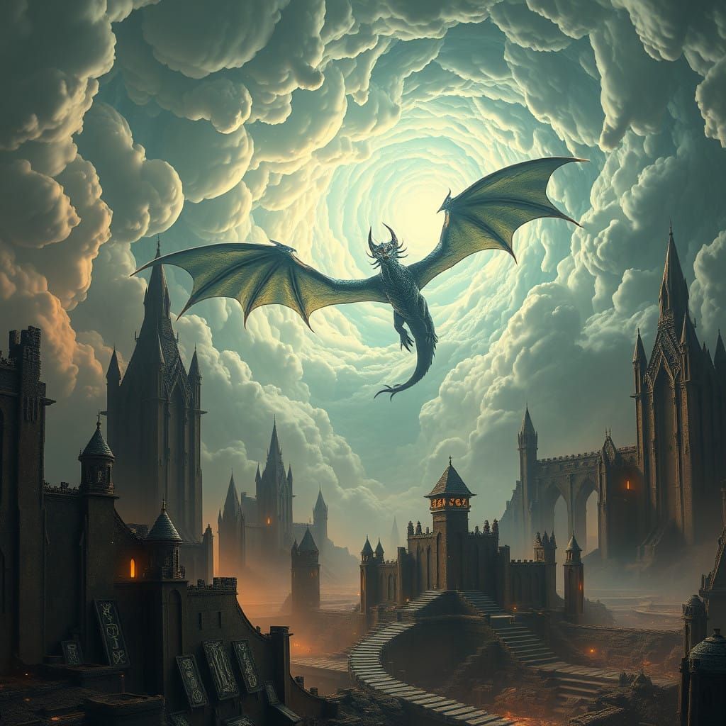 Epic Dragon soars through a swirling vortex in a mystical re...
