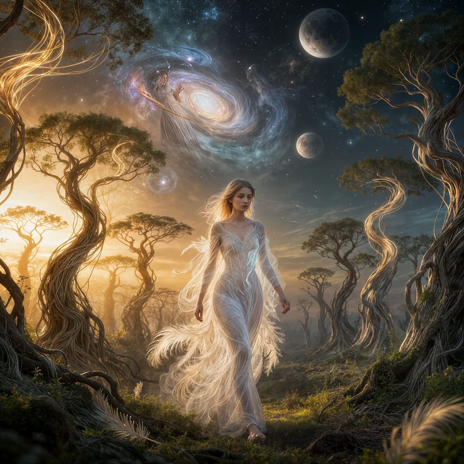 Ethereal Ghost Woman in Cosmic Forest 3D Render