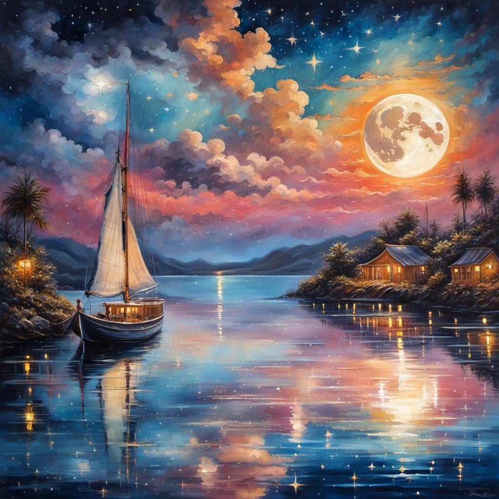 Ethereal Sailboat Glides Under Starry Night Sky