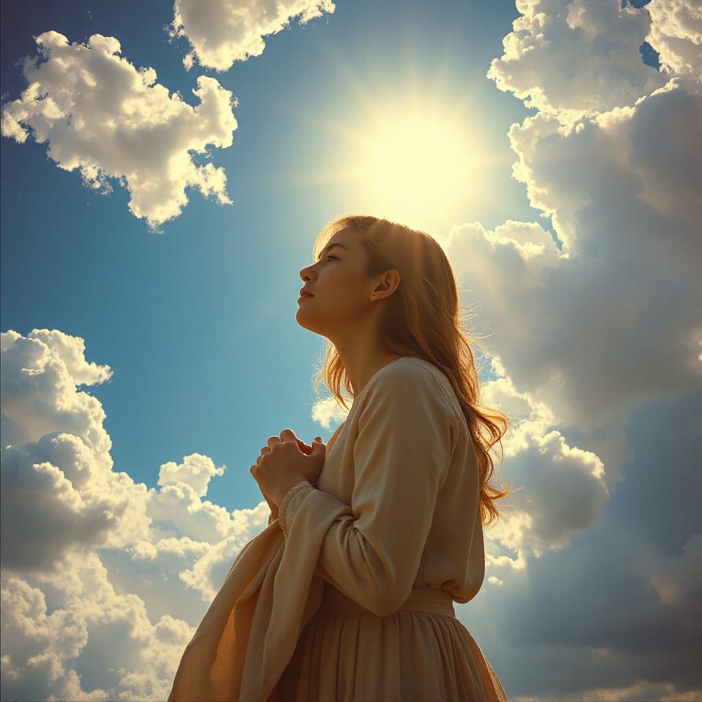Woman in Prayer Amidst Clouds, Golden Light