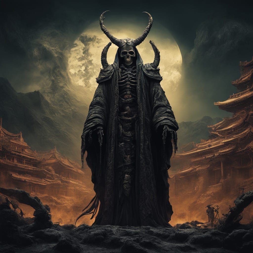 Surreal Skeleton Reaper in Elegant Kimono against Vibrant Cr...