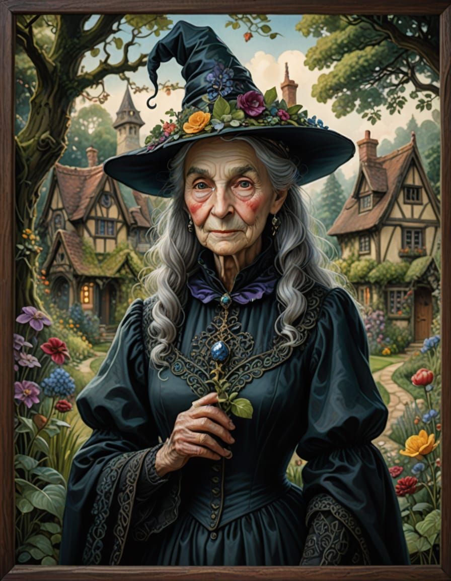 Regal Witch in Victorian Dress Before Tudor Cottage