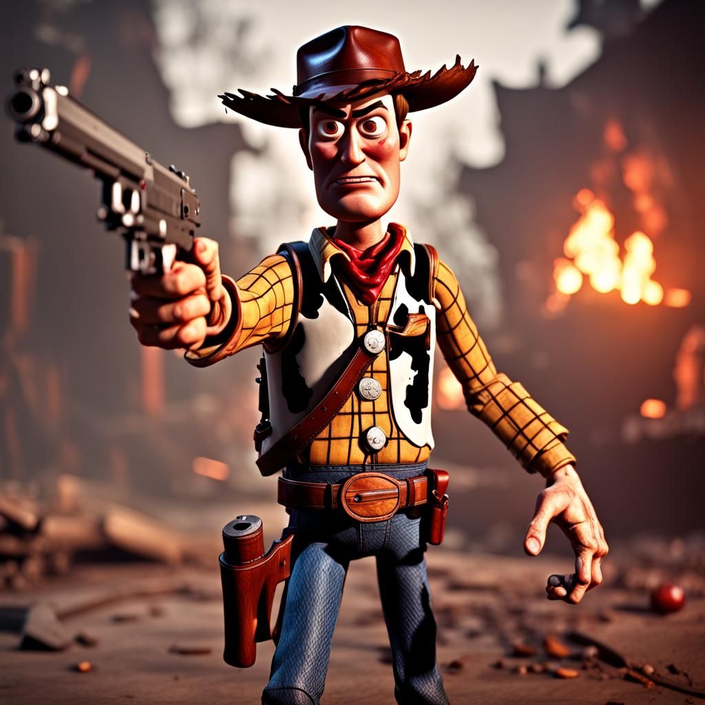 Menacing Woody Figure with Gun in 3D Render