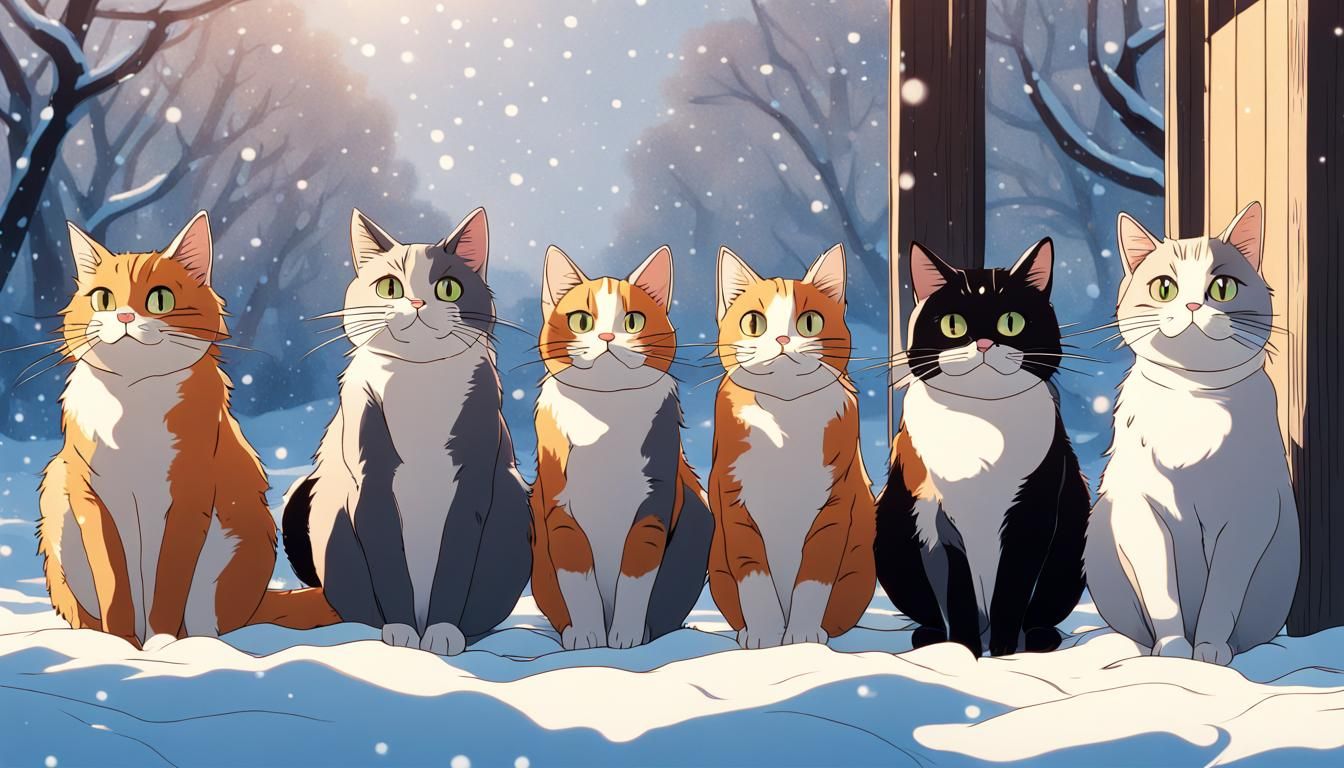Cats in Snow: Studio Ghibli Anime Art