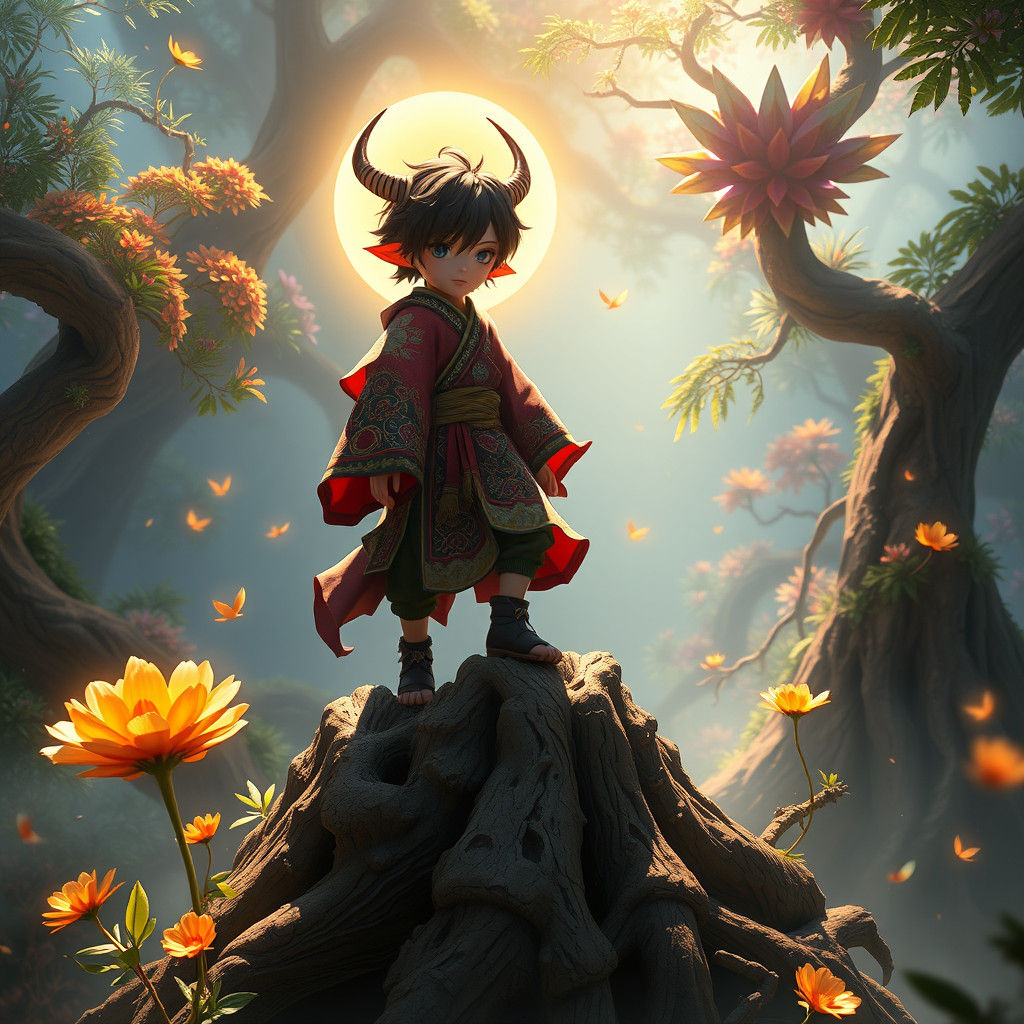 Mystical Yokai Boy in Ethereal Forest