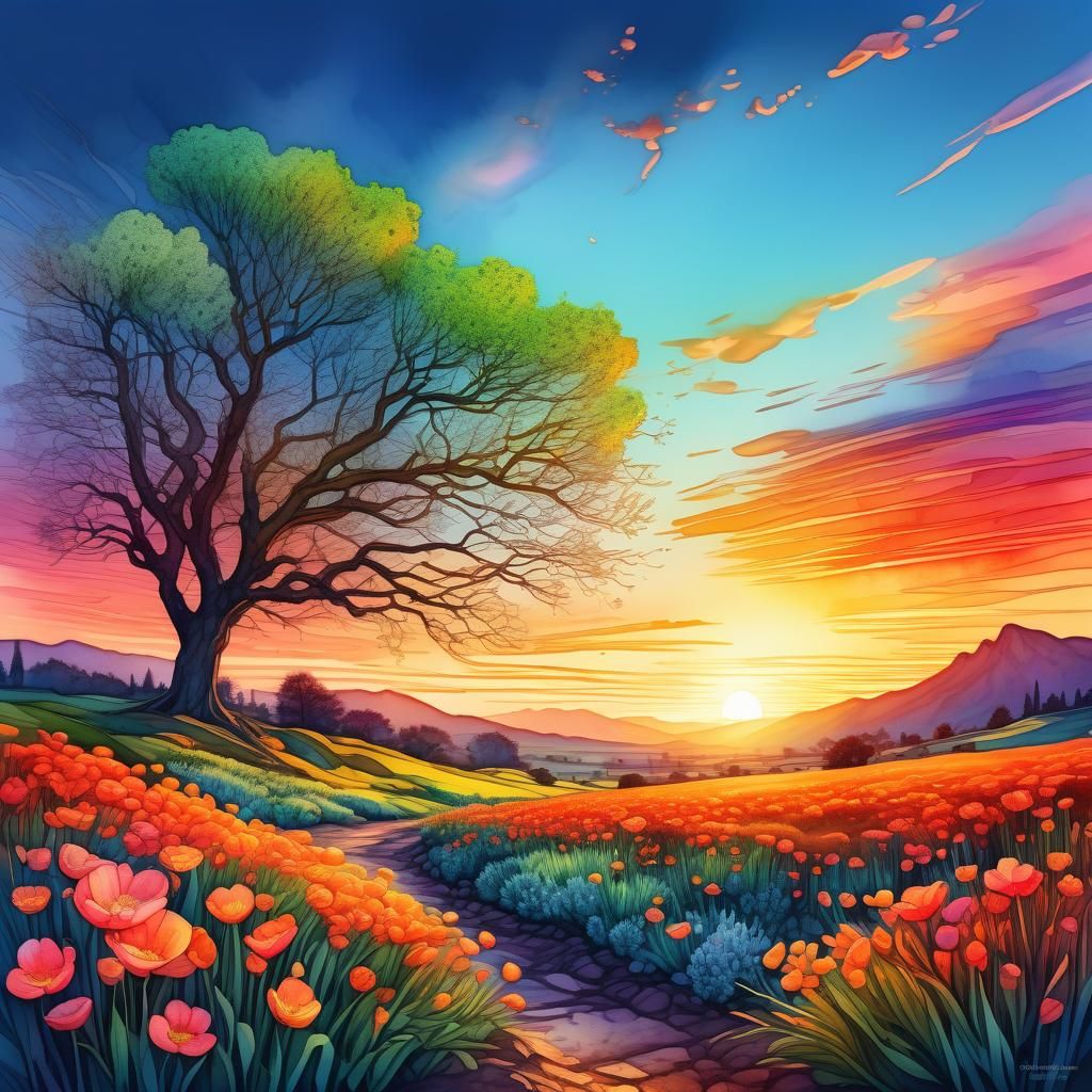 Spring Sunset Digital Watercolor Illustration
