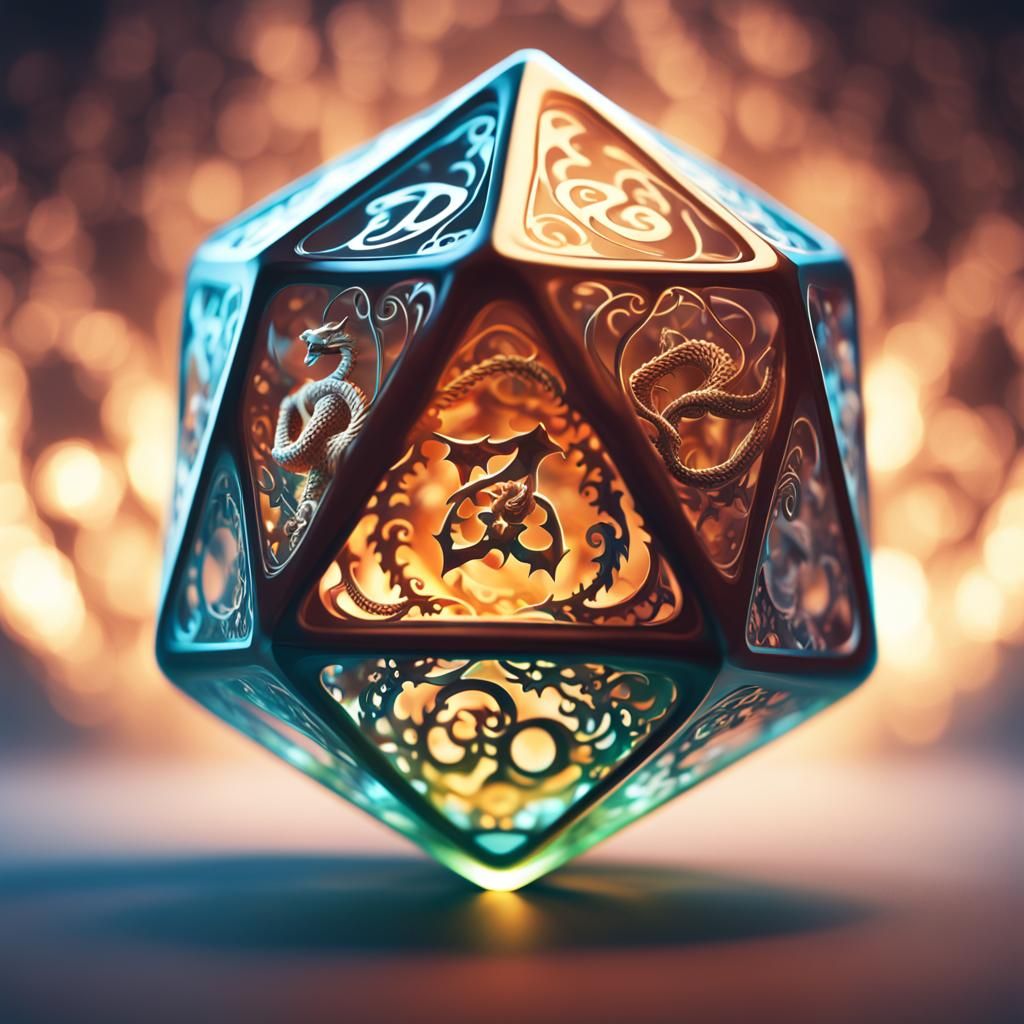 Ornate D20 with Dragon Shapes in Digital Art