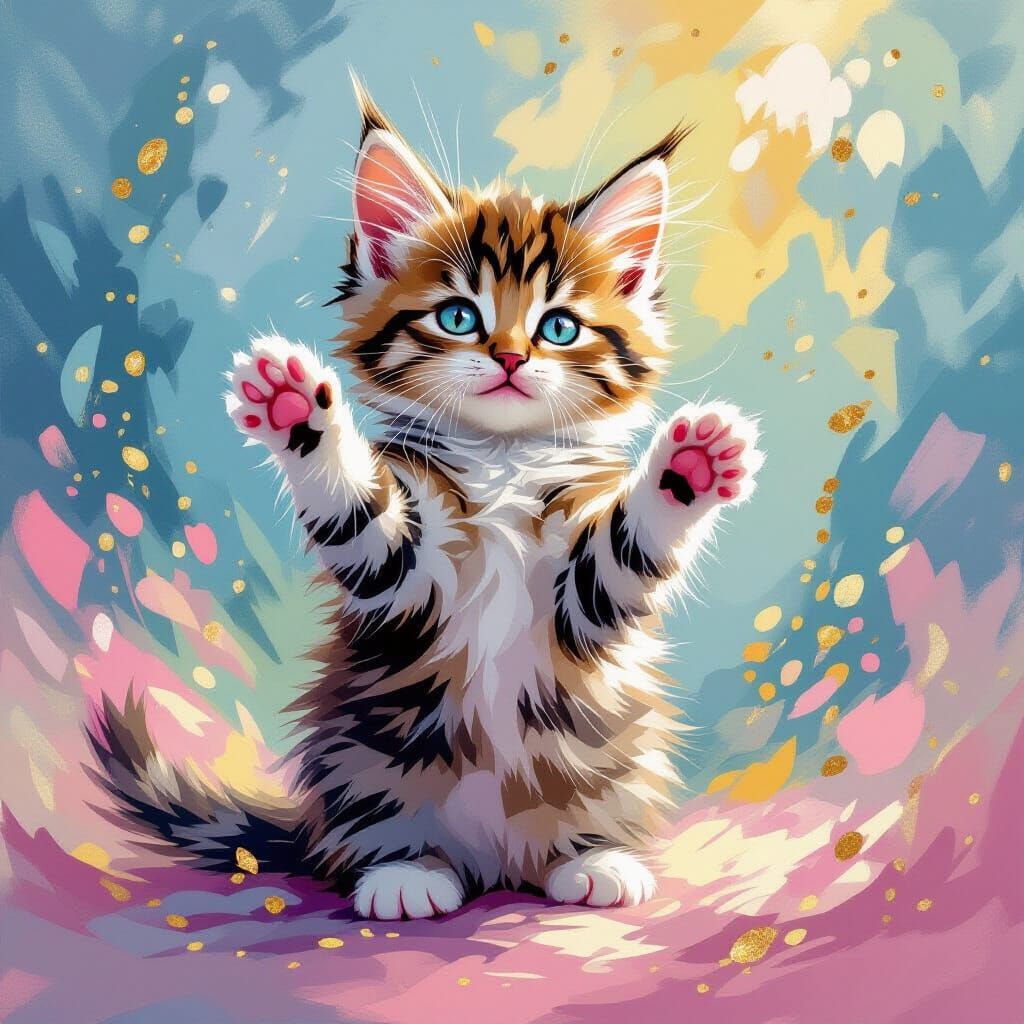 Kitten Posed with Impressionist and Rococo Elements