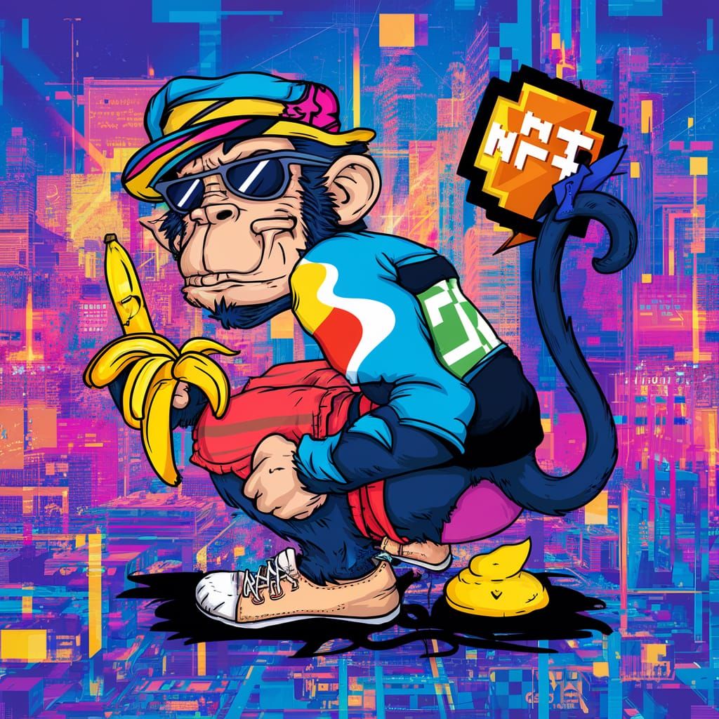 Vibrant Whimsical NFT Artwork of a Monkey in a Colorful City