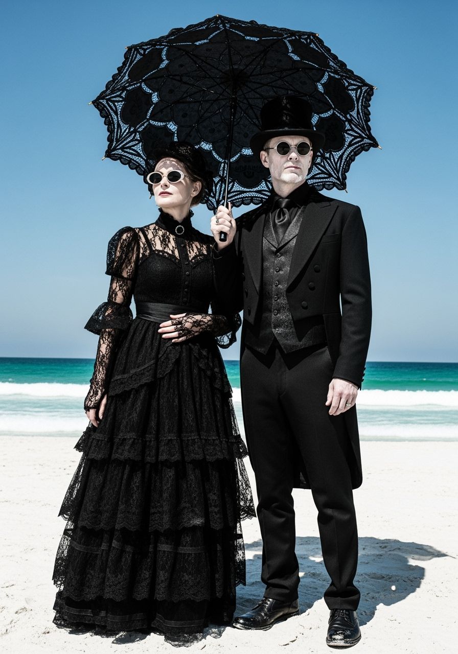 Goth Couple Enjoys Sunny Beach Day Under Lace Parasol