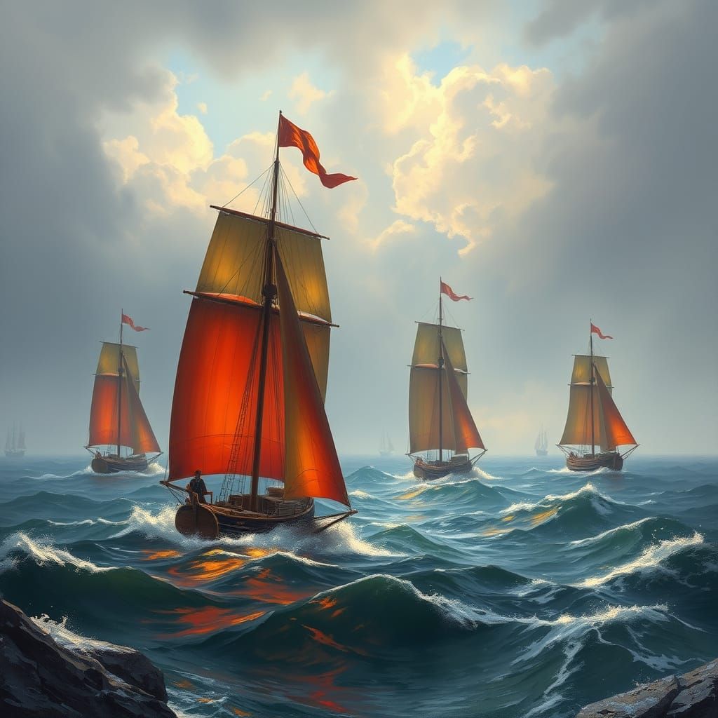 Sailing Ships on Choppy Seas in Romantic Style