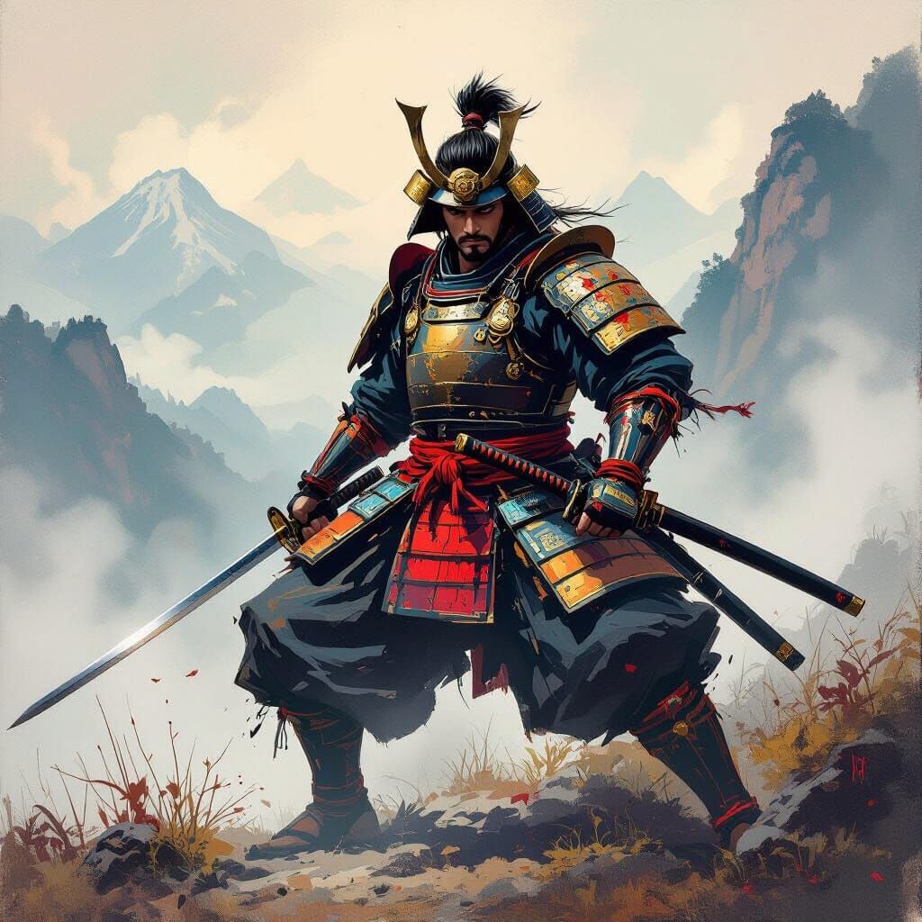 Samurai Warrior in Misty Mountains with Sword