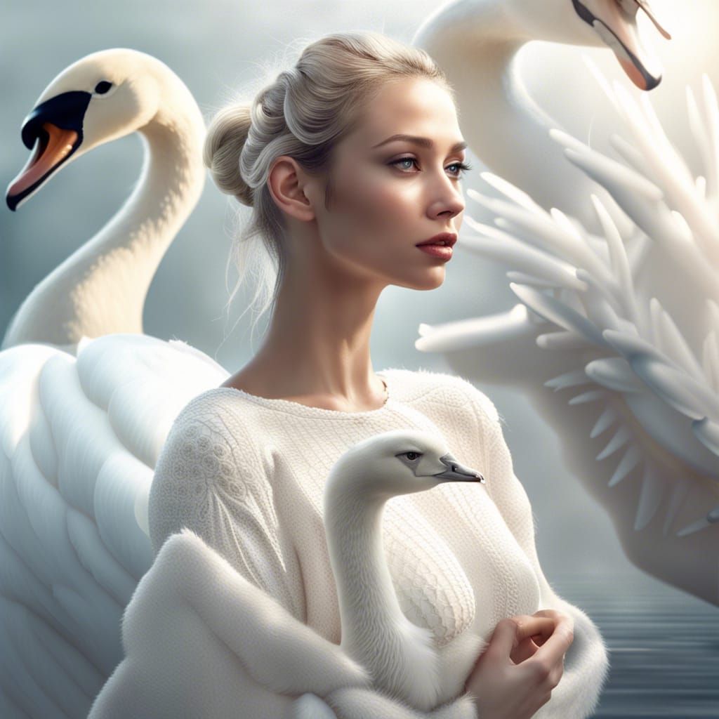 collage of a beautiful girl and a white swan, perfect compos...