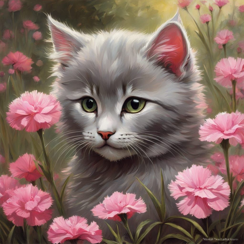A Fluffy Kitten Surrounded by Vibrant Pink Blooms in an Anim...