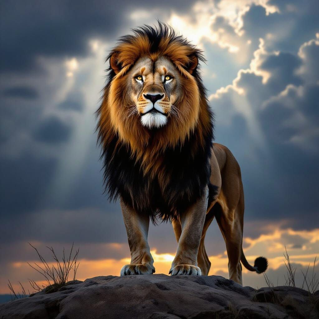 Regal Lion Leader on Rocky Outcrop Under Stormy Sky