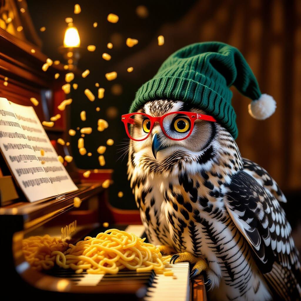 Surreal Owl Wearing Red Glasses Throws Noodles on Organ