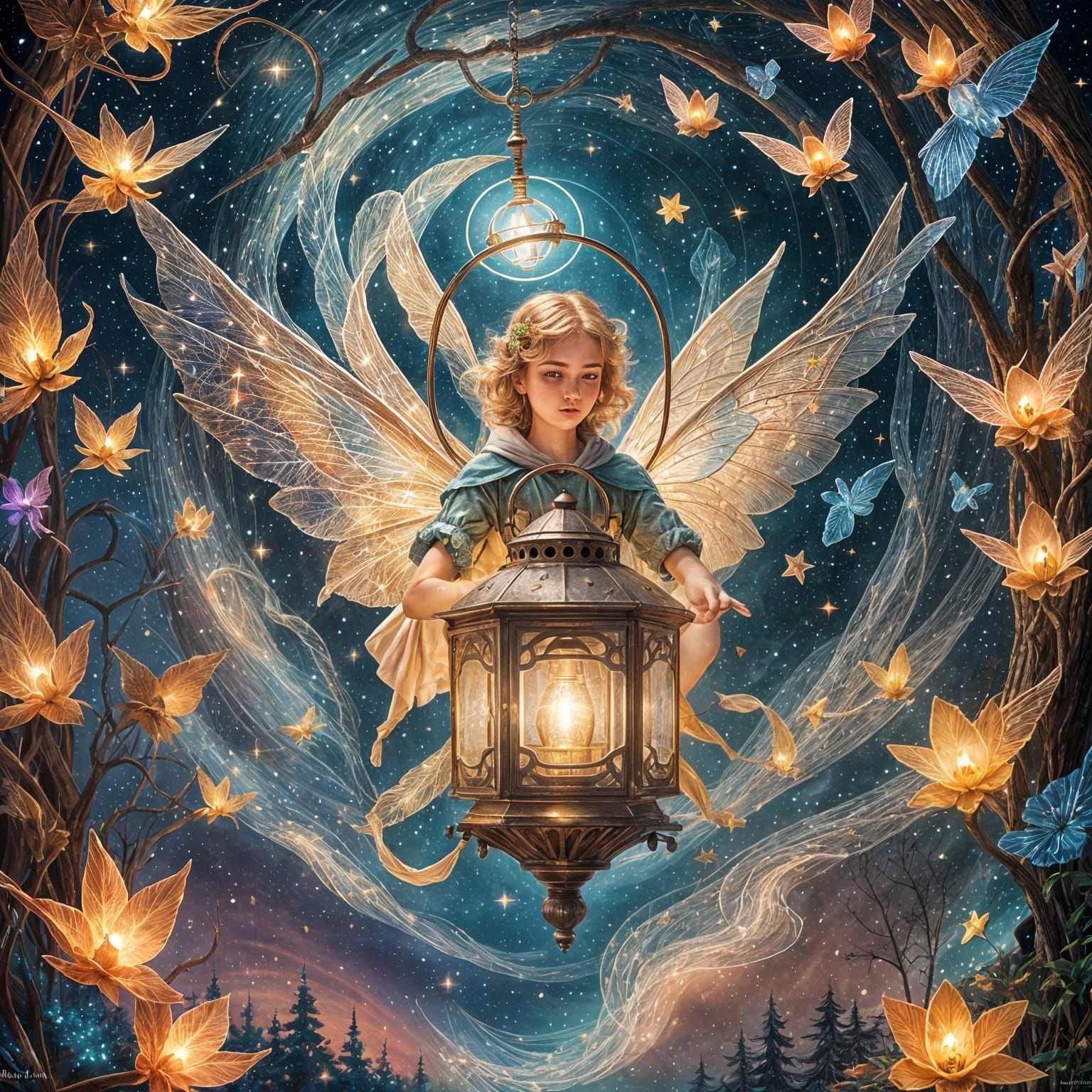 Luminescent Fairy with Lantern in Astral Illustration