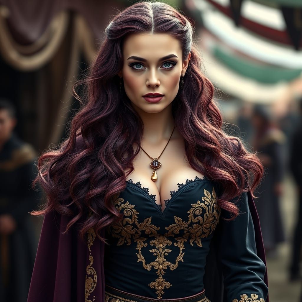 Elegant Viking Supermodel in Plum Colored Coat and Gold Embr...