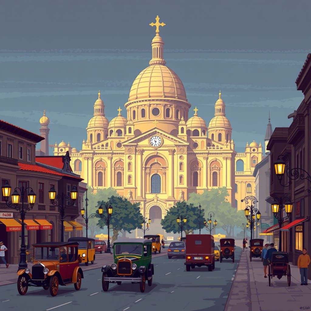 Imagine a sprawling pixel art cityscape inspired by the Byzantine era, with ornate cathedrals and early electric streetl...