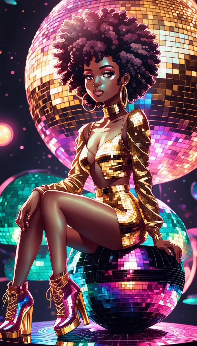 Pixel Art Girl on Disco Ball in Anime Style