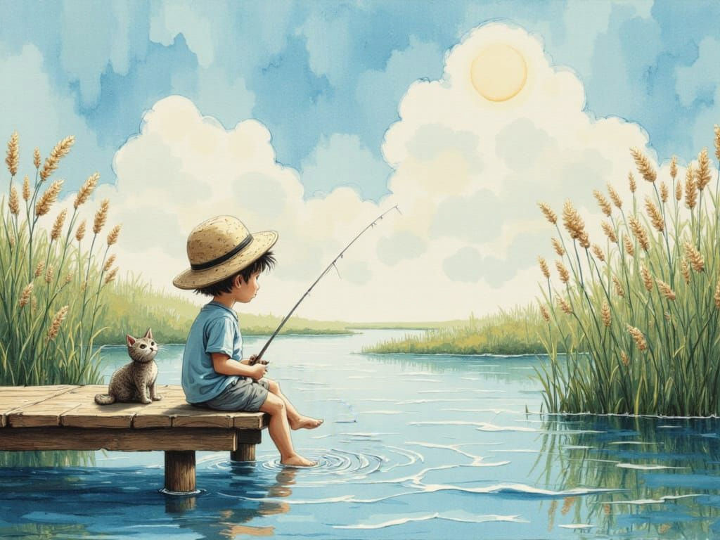 Boy Fishing with Cat in Watercolor Style