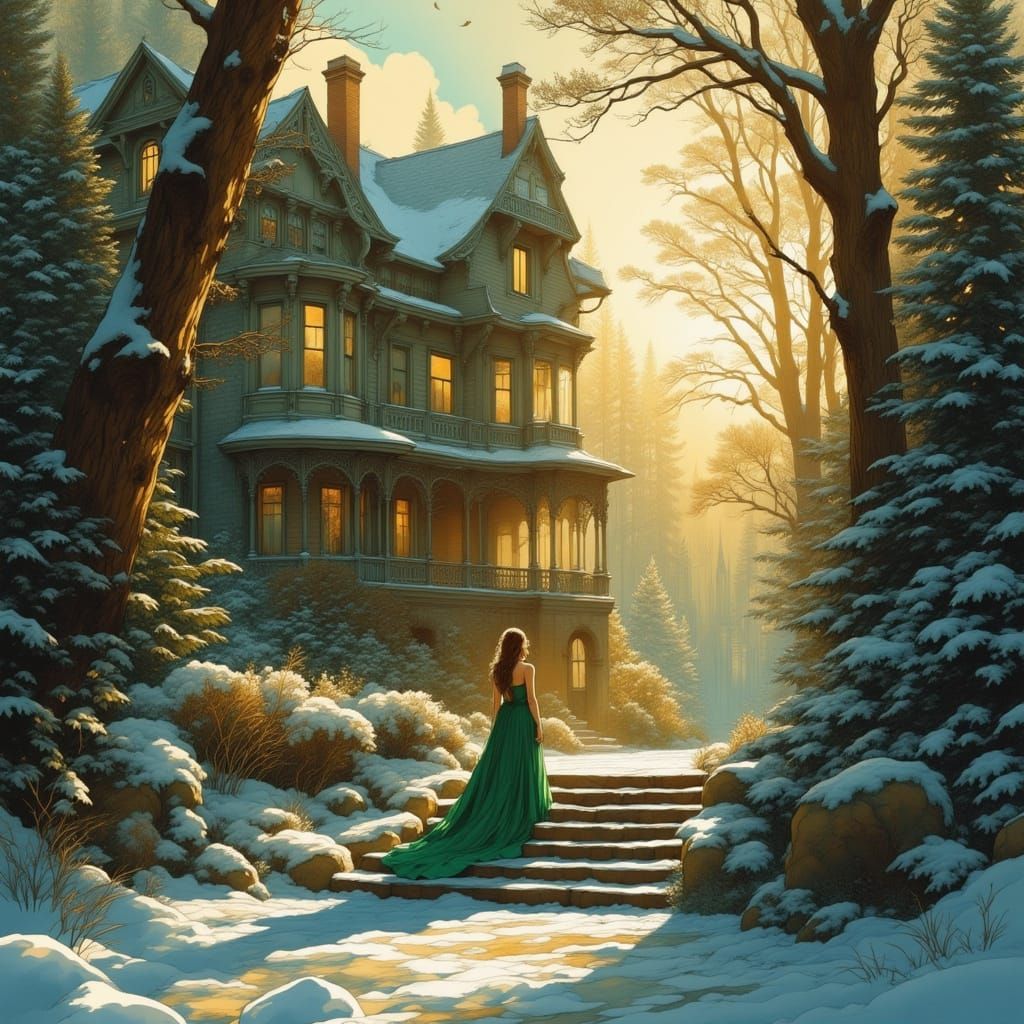 Victorian Mansion in Sunlit Evergreen Forest