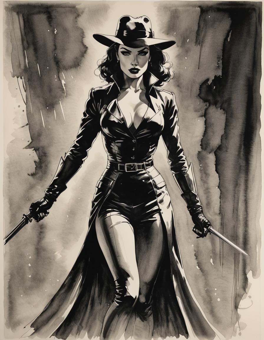 Femme Fatale in Ink Drawing Style