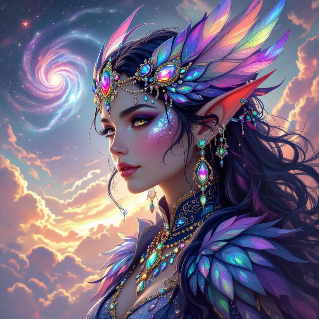 Celestial Tiefling Gazing at Nebula, Fantasy Portrait