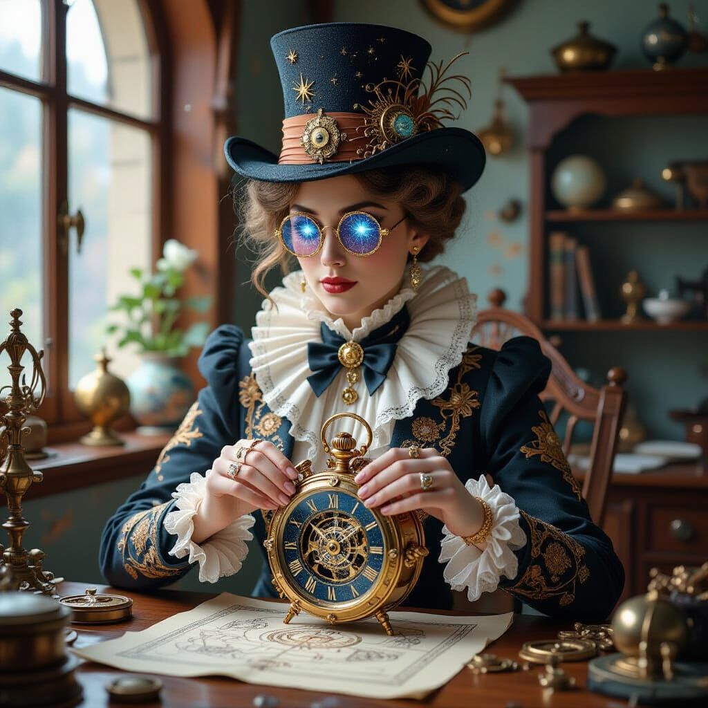 Celestial Clockmaker Crafting Galaxies, Art Nouveau Style