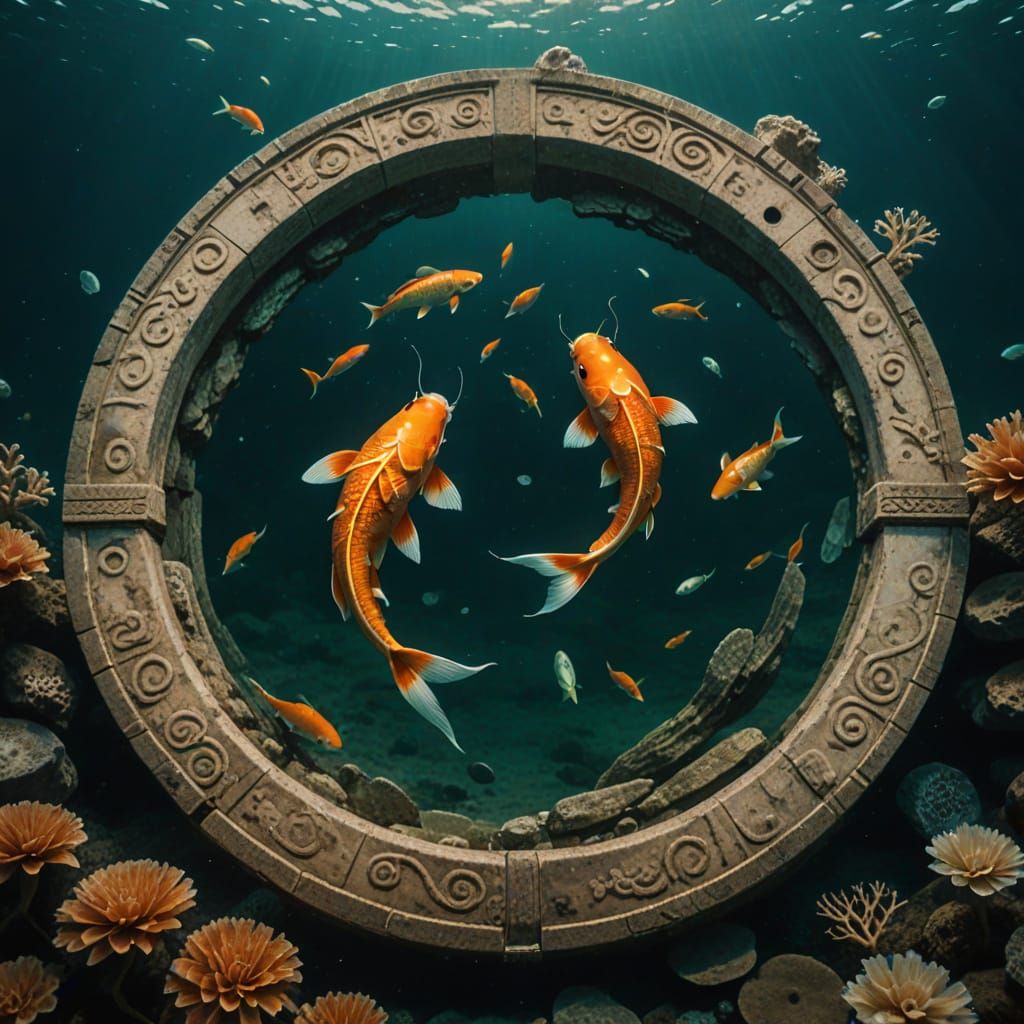 Koi Fish Circle Amidst Underwater Greek Ruins in a Cinematic...