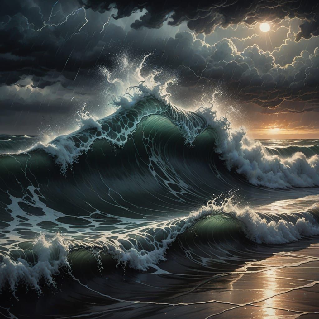 Surreal Study of Glass Form Amid Swirling Fog and Waves