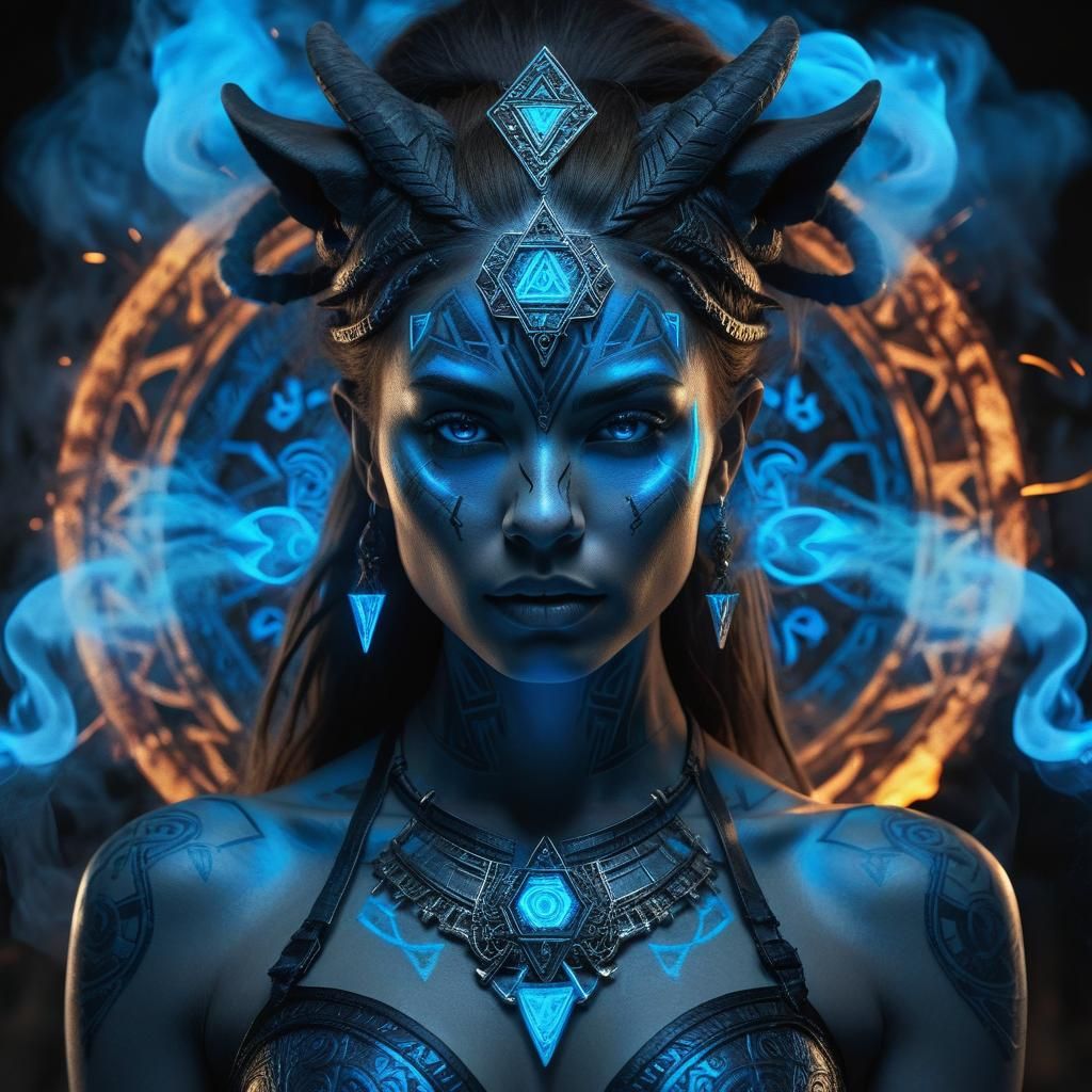 Lioness and Warrior Woman with Glowing Runes