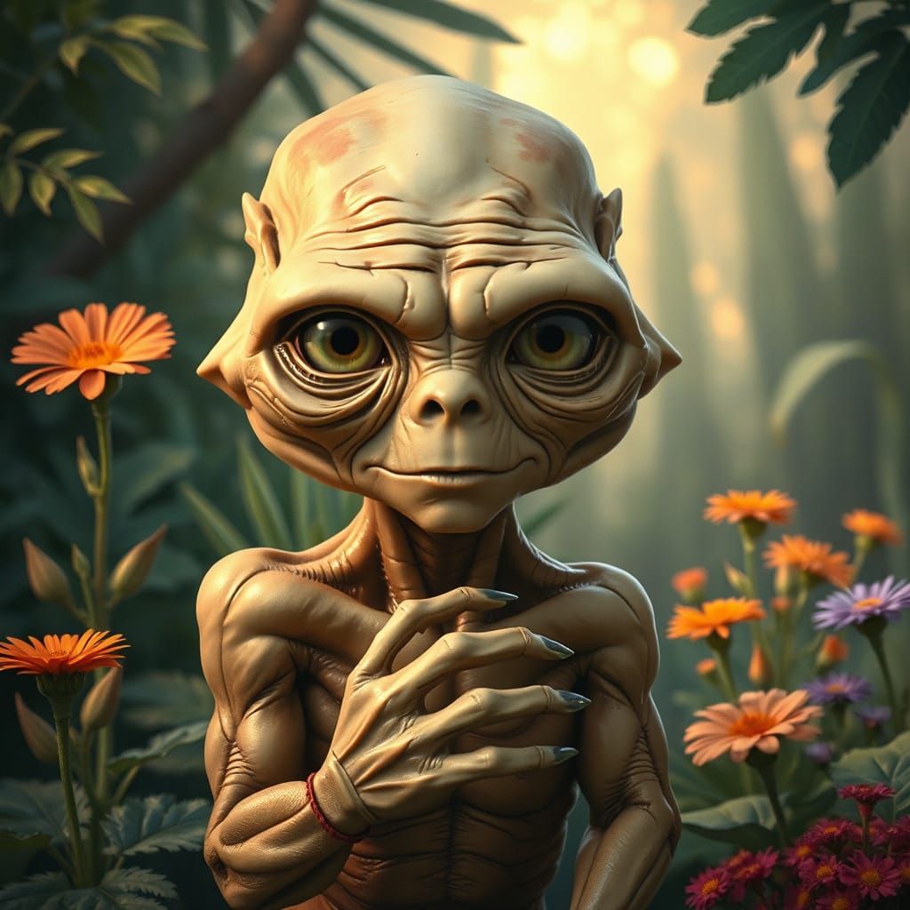 Wise Old Alien in Tranquil Garden