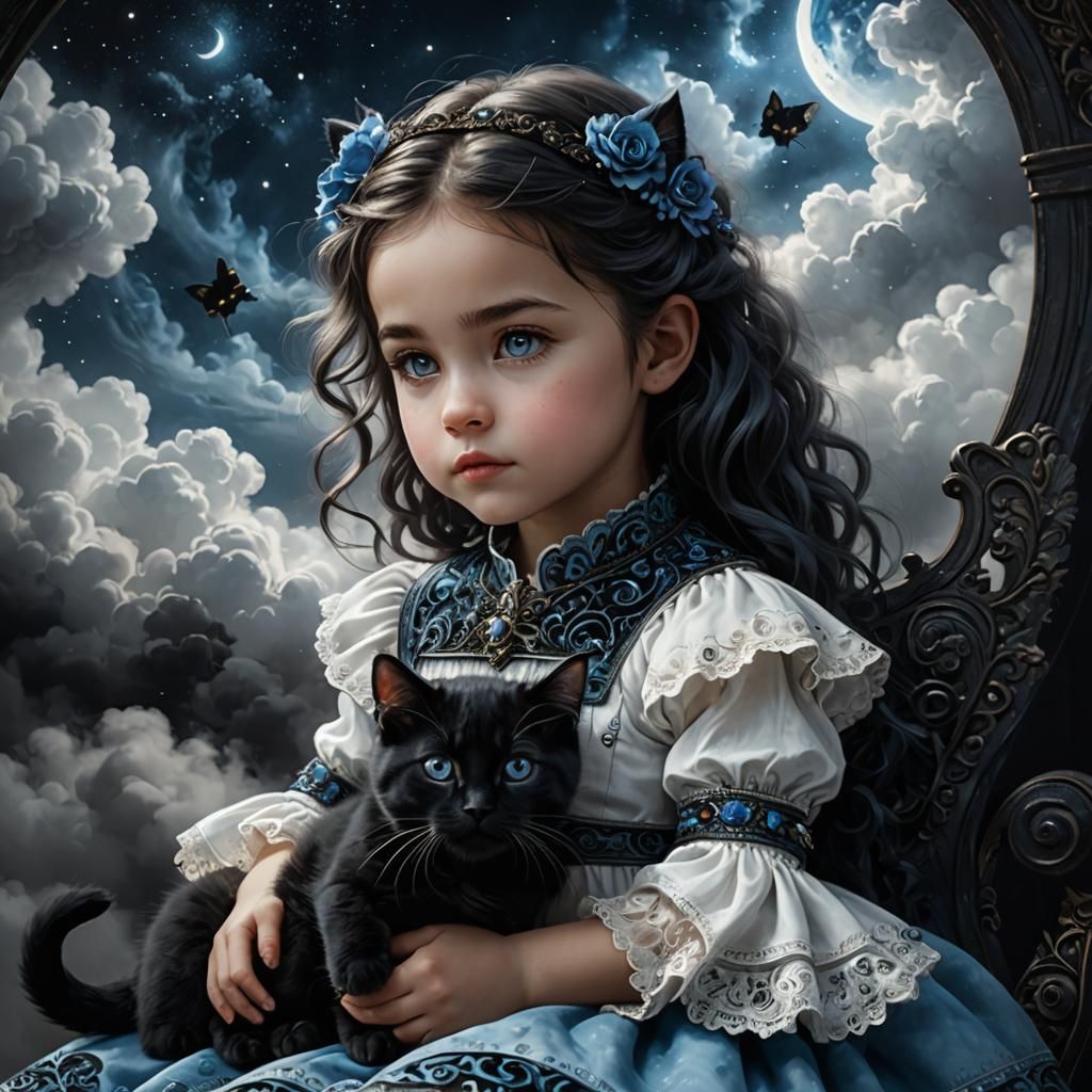 Toddler with Black Cat in Fantasy Style
