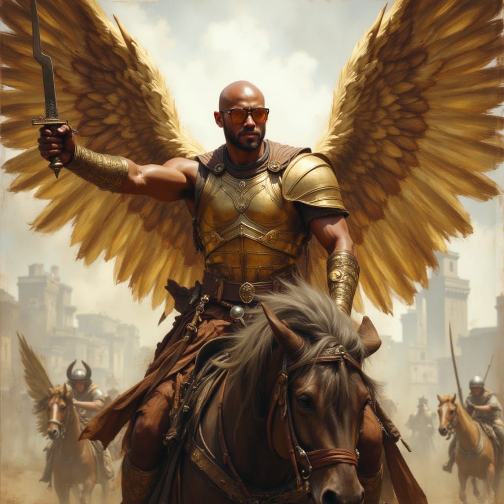 Winged Warrior Angel Battles Demons in Hyperrealistic Style